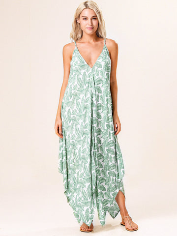 Leaf Print Maxi Dress Beach Cover Up